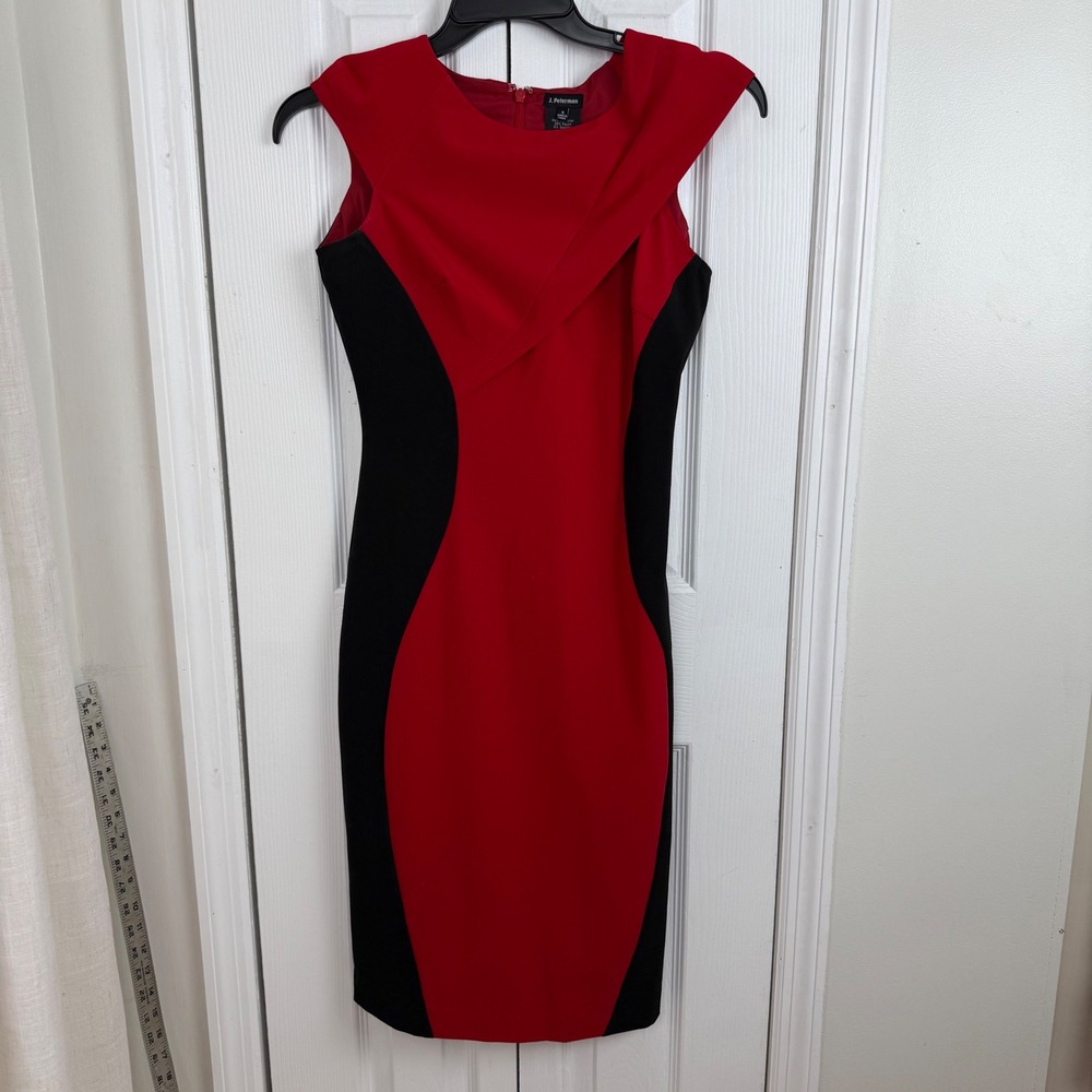 J Peterman Red Black‎ Colorblock Sheath Dress Size 4 Cap Sleeve Wiggle Cocktail